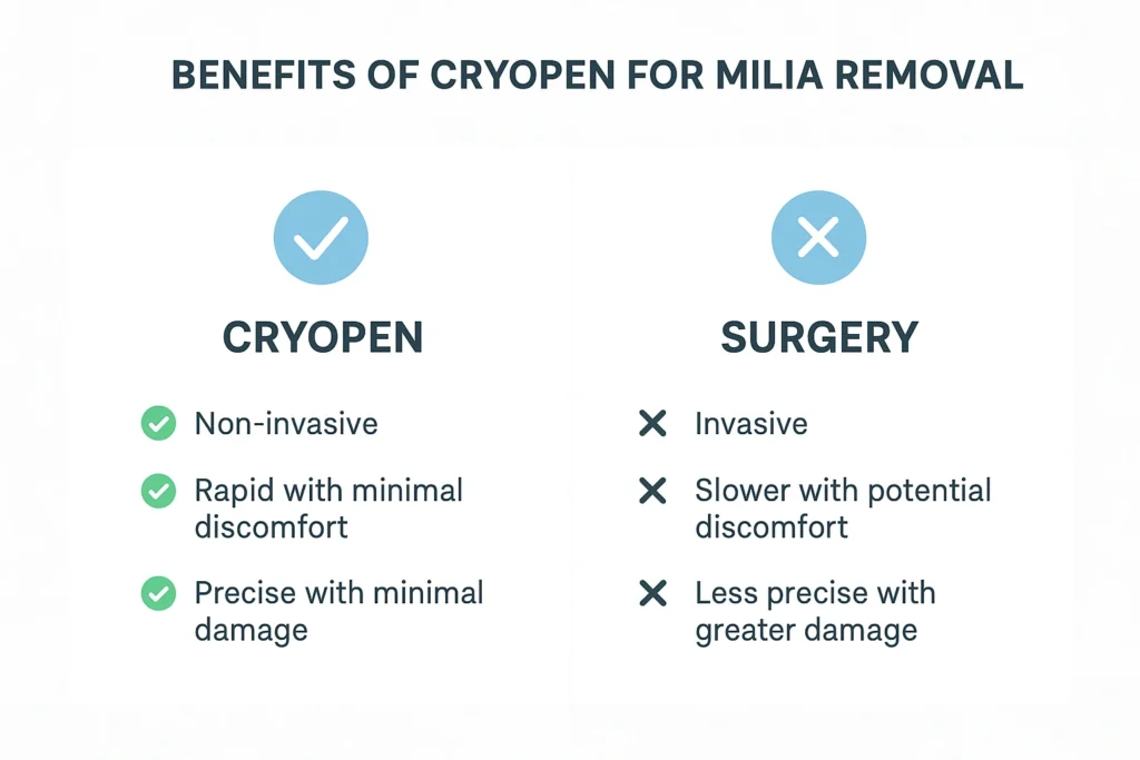 Benefits of cryopen for milia removal Harlow compared to surgical treatments.