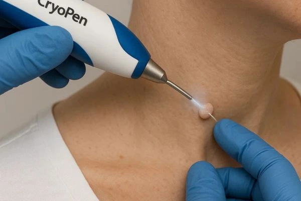 Person receiving cryotherapy Harlow for skin tag removal