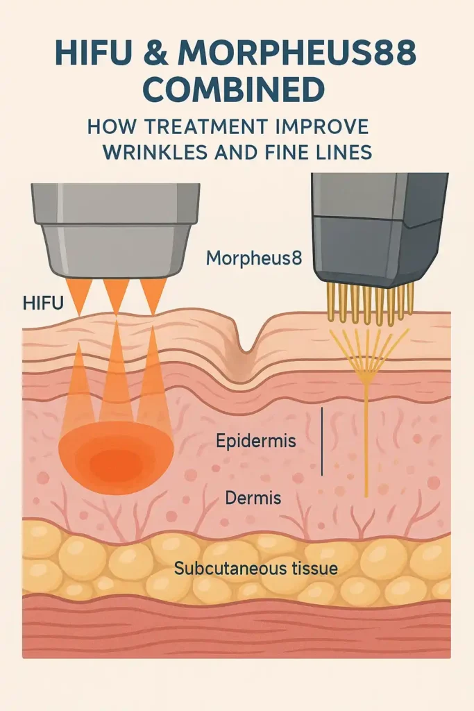 Diagram showing HIFU & Morpeus8 Harlow and the benefits for reduction in wrinkles and fine lines