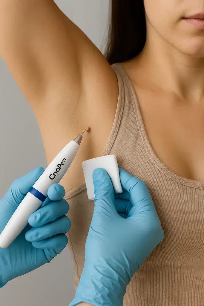 woman having cryopen to remove underarm skin tags Harlow