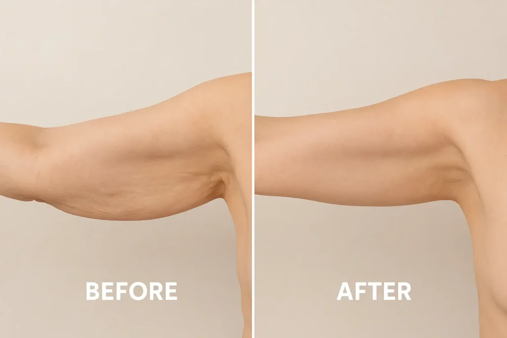 Picture of LA LIPO Harlow before and after results of skin tightening treatment on the upper arms.
