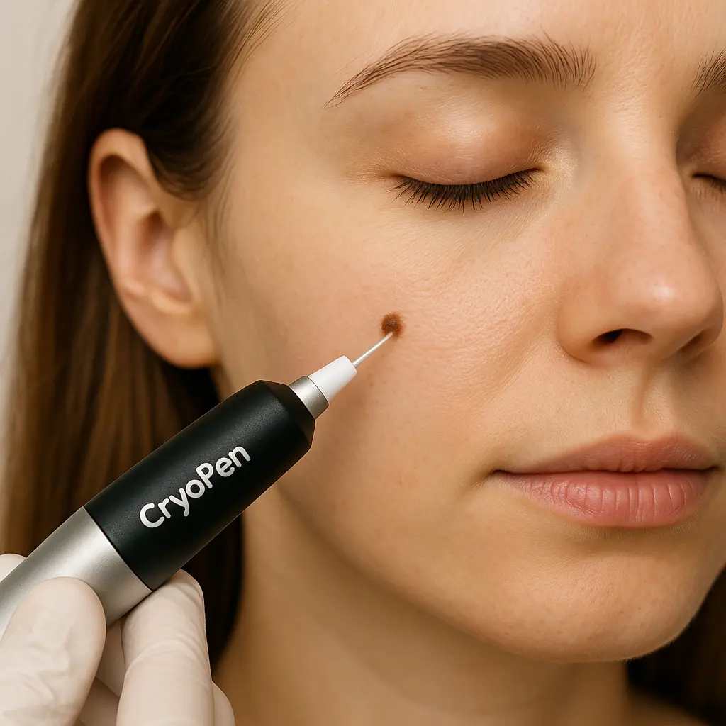 woman receiving facial mole removal Harlow using cryopen