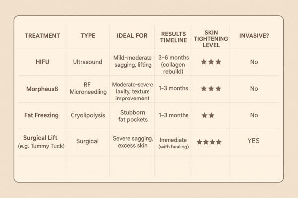 Table showing the comparisons of Skin tightening Harlow treatment options.